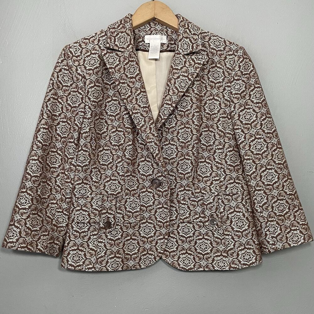 Worthington Jacket Size 12 Brown Brocade Tapestry Jacquard Blazer Victorian Crop